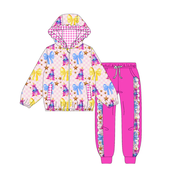 9.3y (moq 5)Baby Girls Pink Checked Pockets Zipper Hoodie Jackets Jogger Christmas Clothes Sets