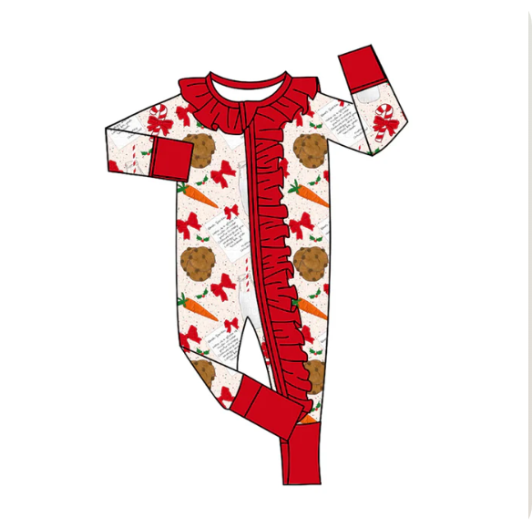 9.4y (moq 20)Baby Girls Bamboo Red Bows Milk Cookies Christmas Ruffle Zippy Footie Rompers