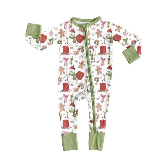 9.5y (moq 20)Baby Boys Bamboo Snowmen Gingerbread Christmas Zippy Footie Rompers