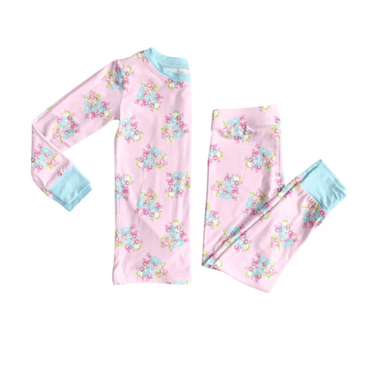 9.6y (moq 20)Baby Girls Bamboo Pink Heart Flowers Valentine Pajamas Sets