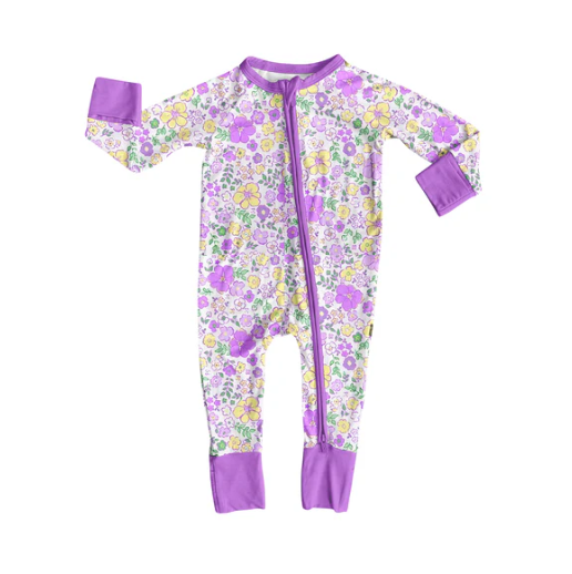 9.6y (moq 20)Baby Girls Bamboo Purple Yellow Flowers Zippy Footie Rompers