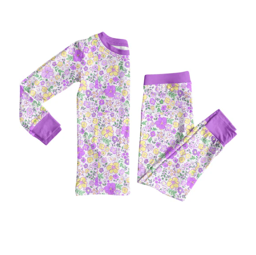 9.6y (moq 20)Baby Girls Bamboo Purple Yellow Flowers Pajamas Sets