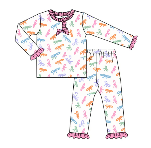 9.6y (moq 20)Baby Girls Bamboo Colorful Bows Ruffle Pajamas Sets