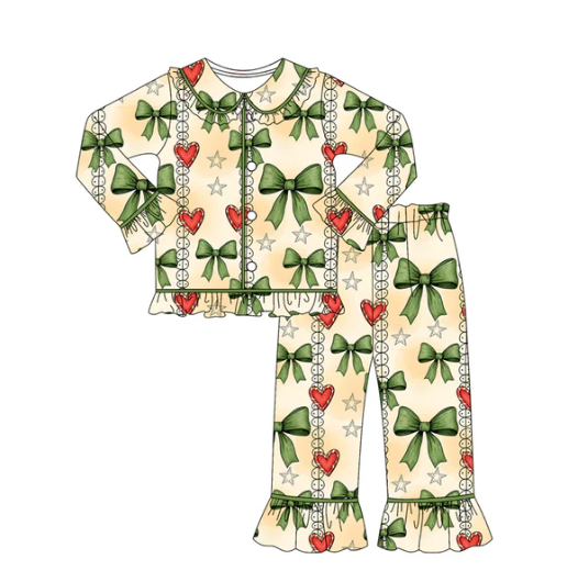 9.9y GLP2833Baby Girls Green Red Hearts Bows Button Top Pants Christmas Pajamas Sets Preorder