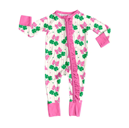 9.10y (moq 5)Baby Girls Clovers Butterfly St Patrick Ruffle Zipper Footie Rompers