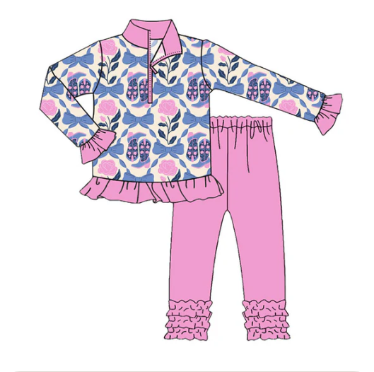9.10y (moq 5)Baby Girls Pink Blue Flowers Bows Boots Zipper Pullover Ruffle Leggings Clothes Sets