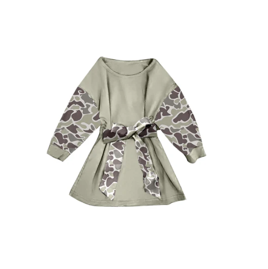 Baby Girls Grey Camo Long Sleeve Belt Western Knee Length Dresses Preorder