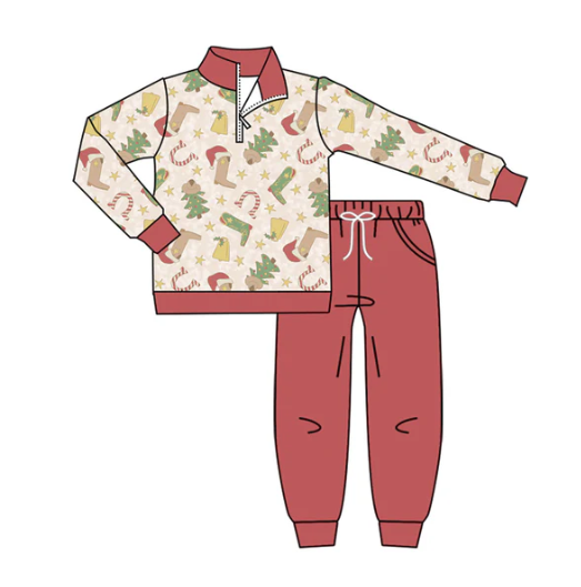 9.12y (moq 8)Baby Boys Boots Trees Zipper Pullover Pockets Jogger Christmas Clothes Sets