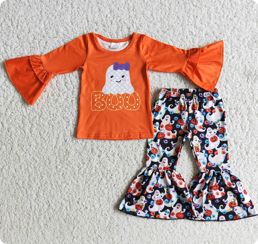 6 A2-26 9.13Y Boo Orange Top Halloween Bell-bottom Pants Set
