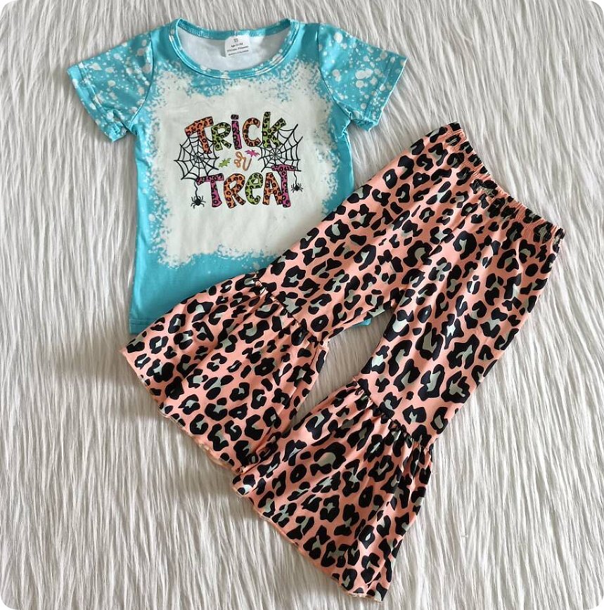 A0-24 9.13Y TRICK Spider Web Top Leopard Print Flared Pants Set
