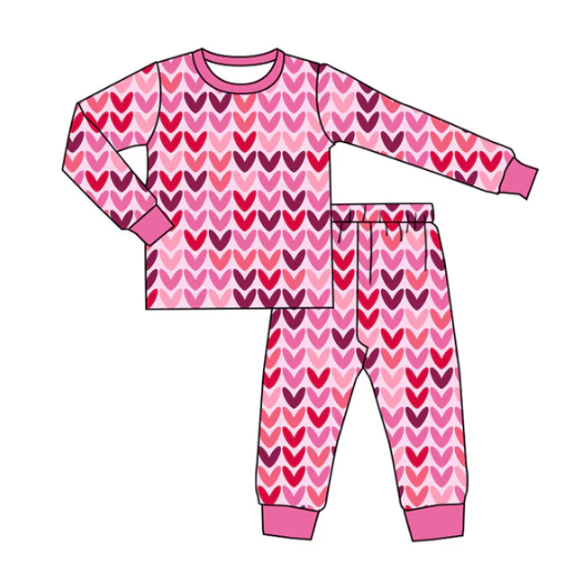 9.13y (moq 5)Baby Girls Pink Hearts Top Pants Valentine Pajamas Sets