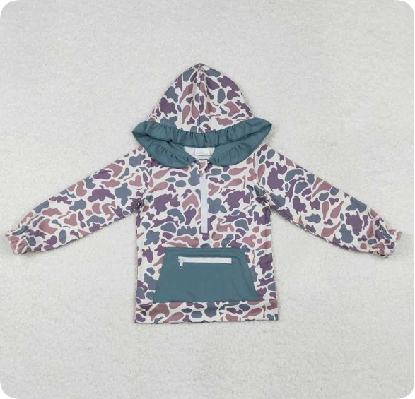 GT0629 9.15y  Brown and Green Camouflage Zipper Pocket Lace-up Hooded Long Sleeve Top