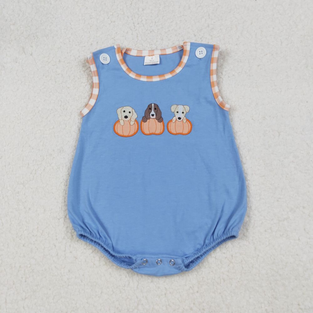 SR3190  9.16y Embroidered Pumpkin Puppy Blue Vest romper