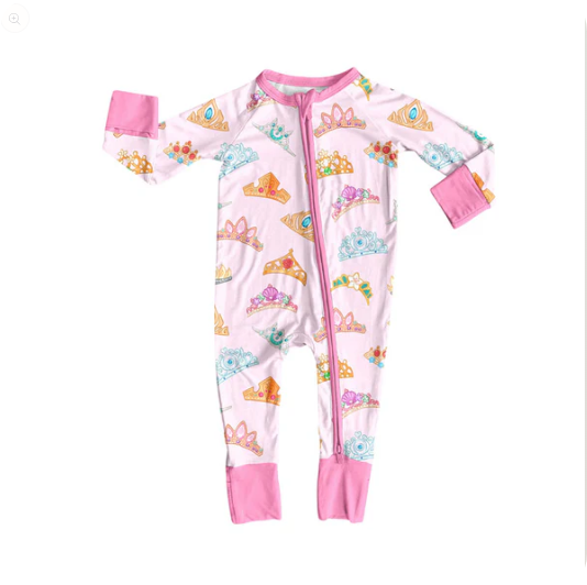 8.8y Baby Girls Colorful Crowns Zipper Footie Rompers