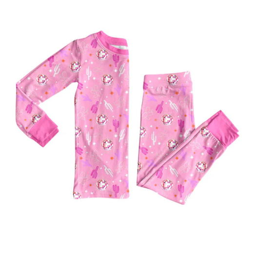 9.16y  (moq 8)Baby Girls Pink Cactus Stars Top Pants Western Pajamas Sets