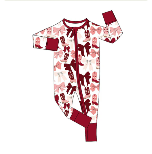 9.17y MOQ 8 Baby Girls Pink Red Bows Heart Boots Zipper Footie Rompers
