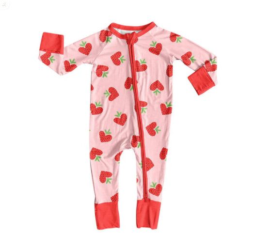 9.17y MOQ 8 Baby Girls Strawberry Hearts Valentine Zipper Footie Rompers
