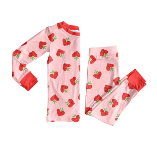 9.17y  MOQ 8 Baby Girls Strawberry Hearts Top Pants Valentine Pajamas Sets