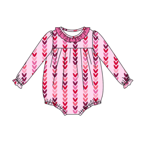 9.17y MOQ 8 Baby Girls Long Ruffle Sleeve Hearts Stripe Valentine Rompers