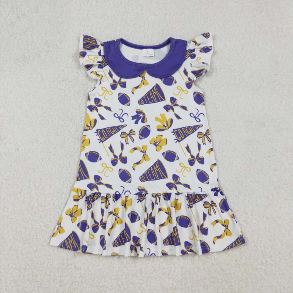 GSD2784  9.18 Y Purple baby doll collar dress with flying sleeves and a football trumpet and bow pattern