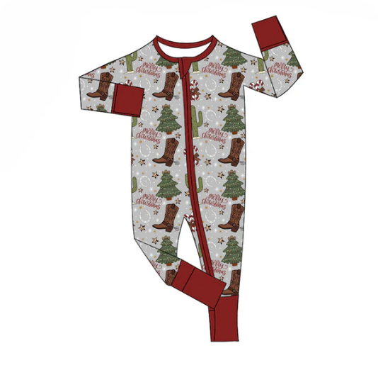 9.19y MOQ 8 Baby Boys Boots Cactus Candy Cane Merry Christmas Zipper Footie Rompers