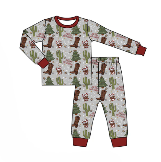 9.19y MOQ 8 Baby Boys Boots Cactus Candy Cane Top Pants Merry Christmas Pajamas Sets