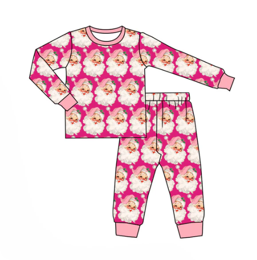 9.19y MOQ 8 Baby Girls Pink Santa Checked Top Pants Christmas Pajamas Sets