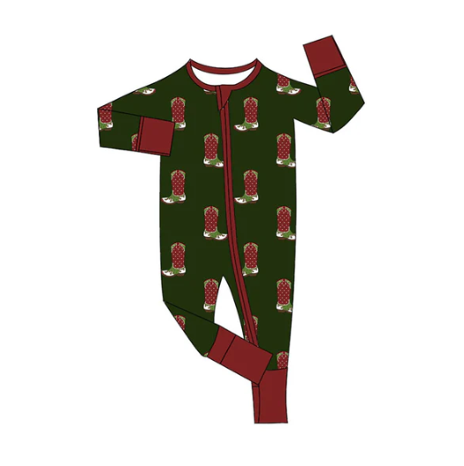 9.19y MOQ 8 Baby Boys Dark Green Boots Christmas Zipper Footie Rompers