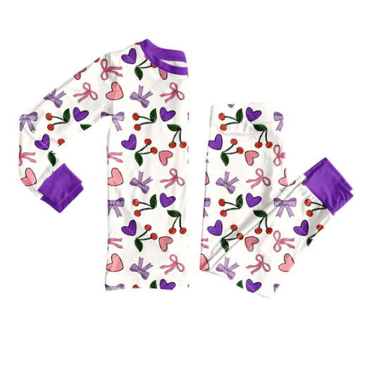9.20y MOQ 8 Baby Girls Pink Purple Bows Hearts Cherry Top Pants Valentine Pajamas Sets