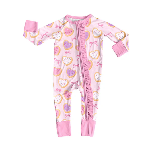 9.22y MOQ 8 Baby Girls Pink Bows Hearts Valentine Zipper Footie Rompers