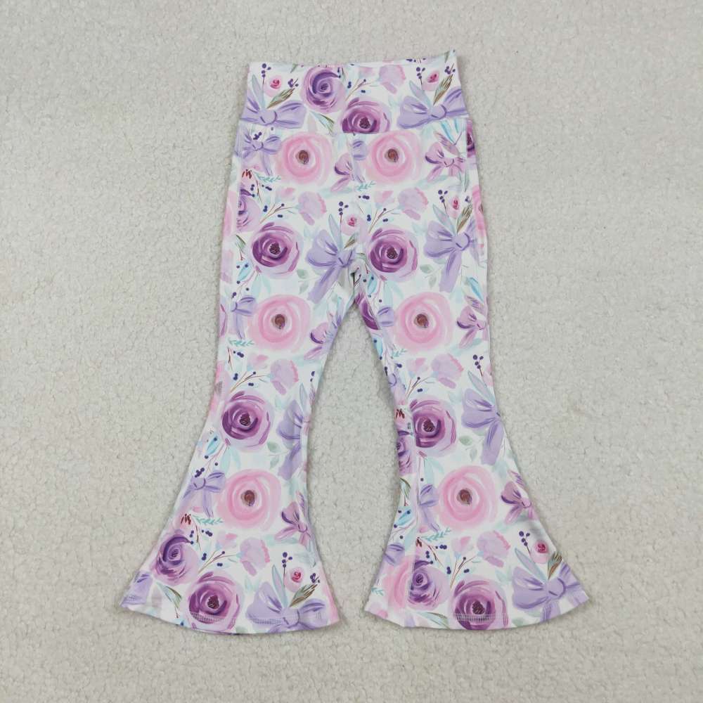 P0774 9.23y White yoga pants with pink and purple floral bow pattern