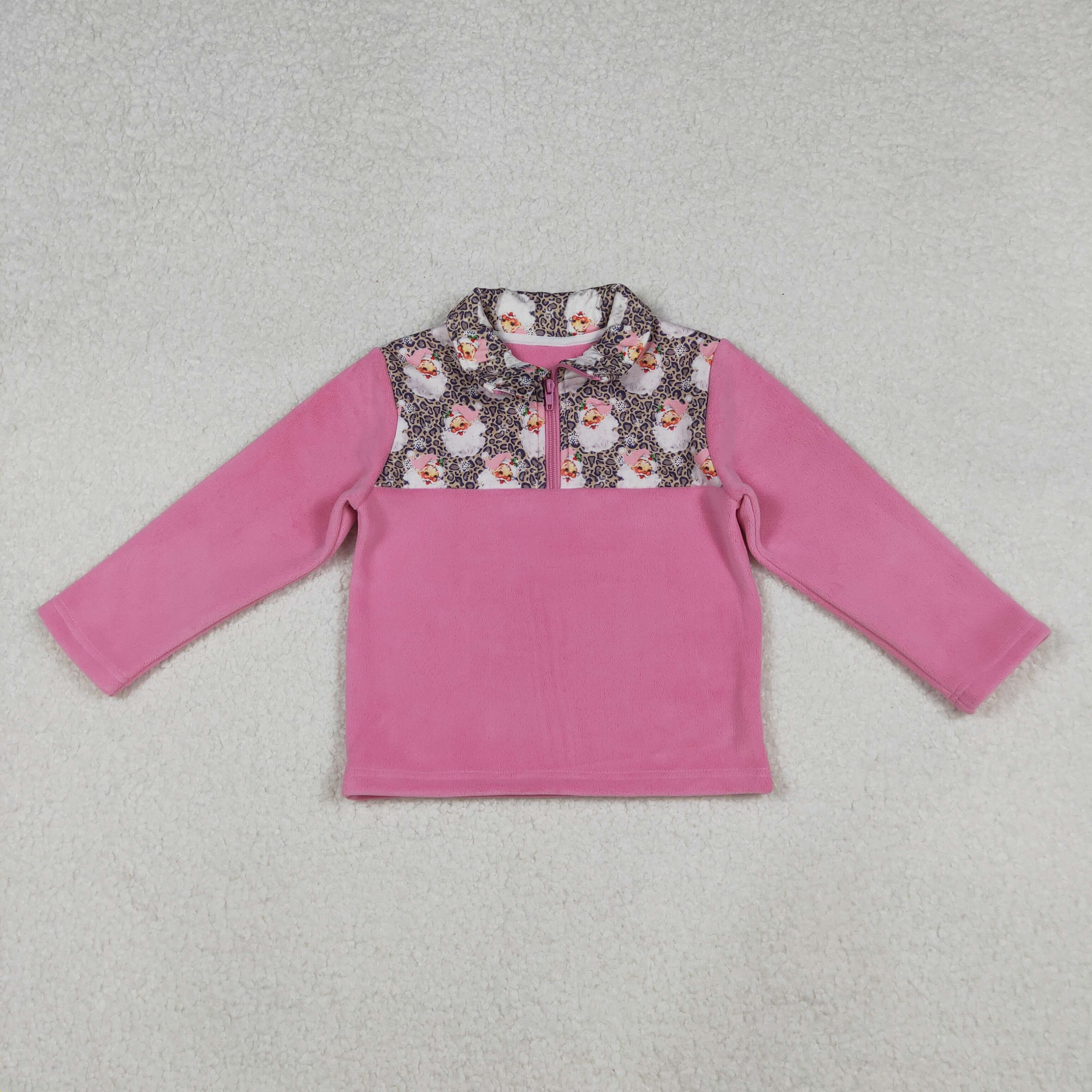 GT1151 9.23y  Pink Bow Pattern Plush Zipper Long Sleeve Top