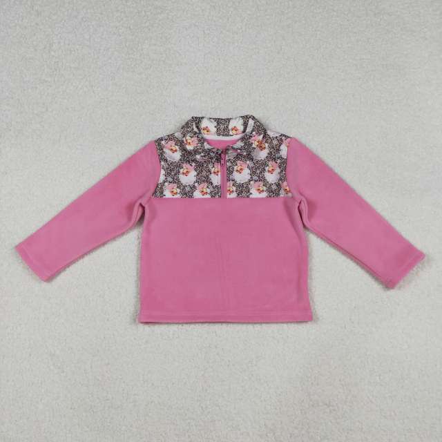 GT1151 9.23y  Pink Bow Pattern Plush Zipper Long Sleeve Top