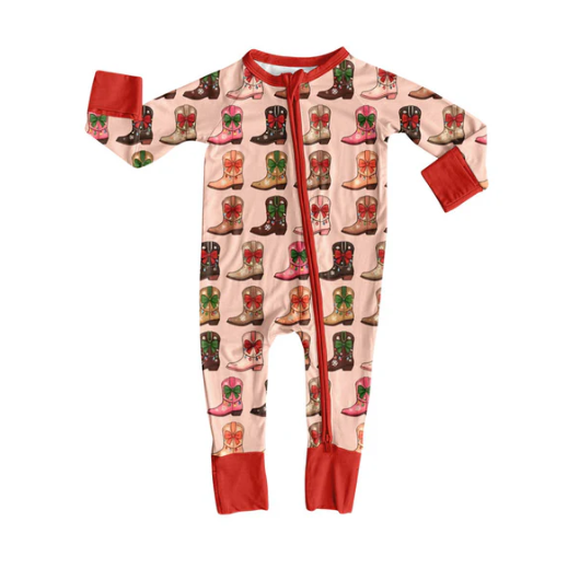 9.23y (moq 8)Baby Boys Long Sleeve Lights Boots Checked Christmas Zipper Footie Rompers