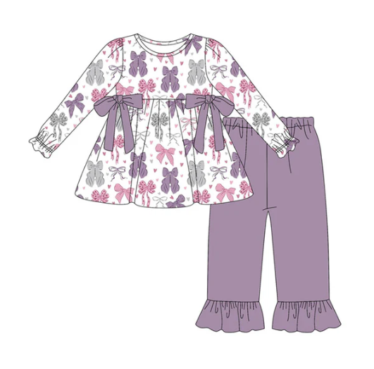 9.24y (moq 8)Baby Girls Pink Purple Hearts Bows Tunic Ruffle Pants Valentine Clothes Sets
