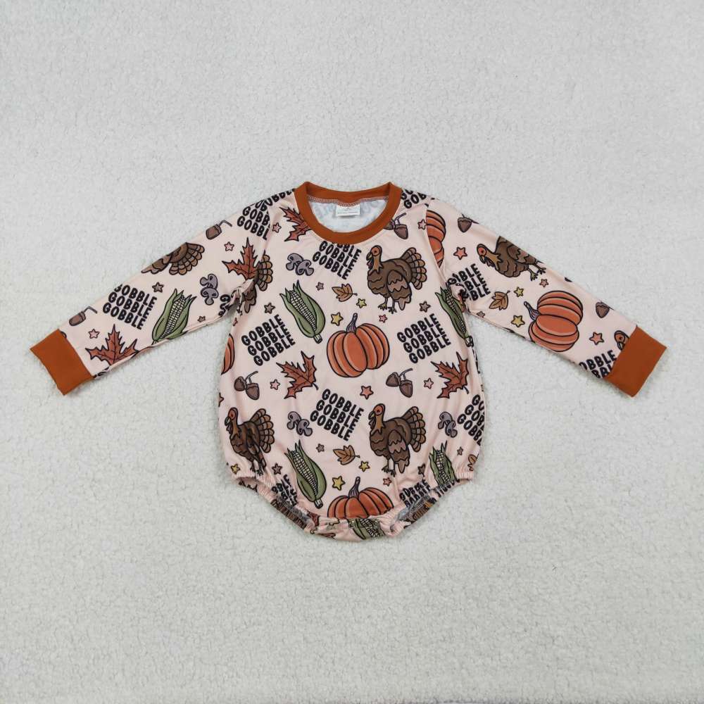 LR2447 9.26y gobble turkey corn pumpkin long sleeve onesie