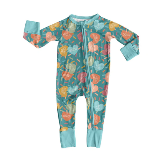 9.29Y (moq 8)Baby Girls Colorful Hearts Sprinkles Valentine Zipper Footie Rompers