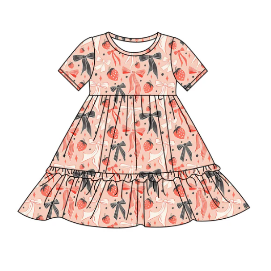 9.30y (moq 8)Baby Girls Blue Pink Bows Cherry Plaid Ruffle Knee Length Dresses