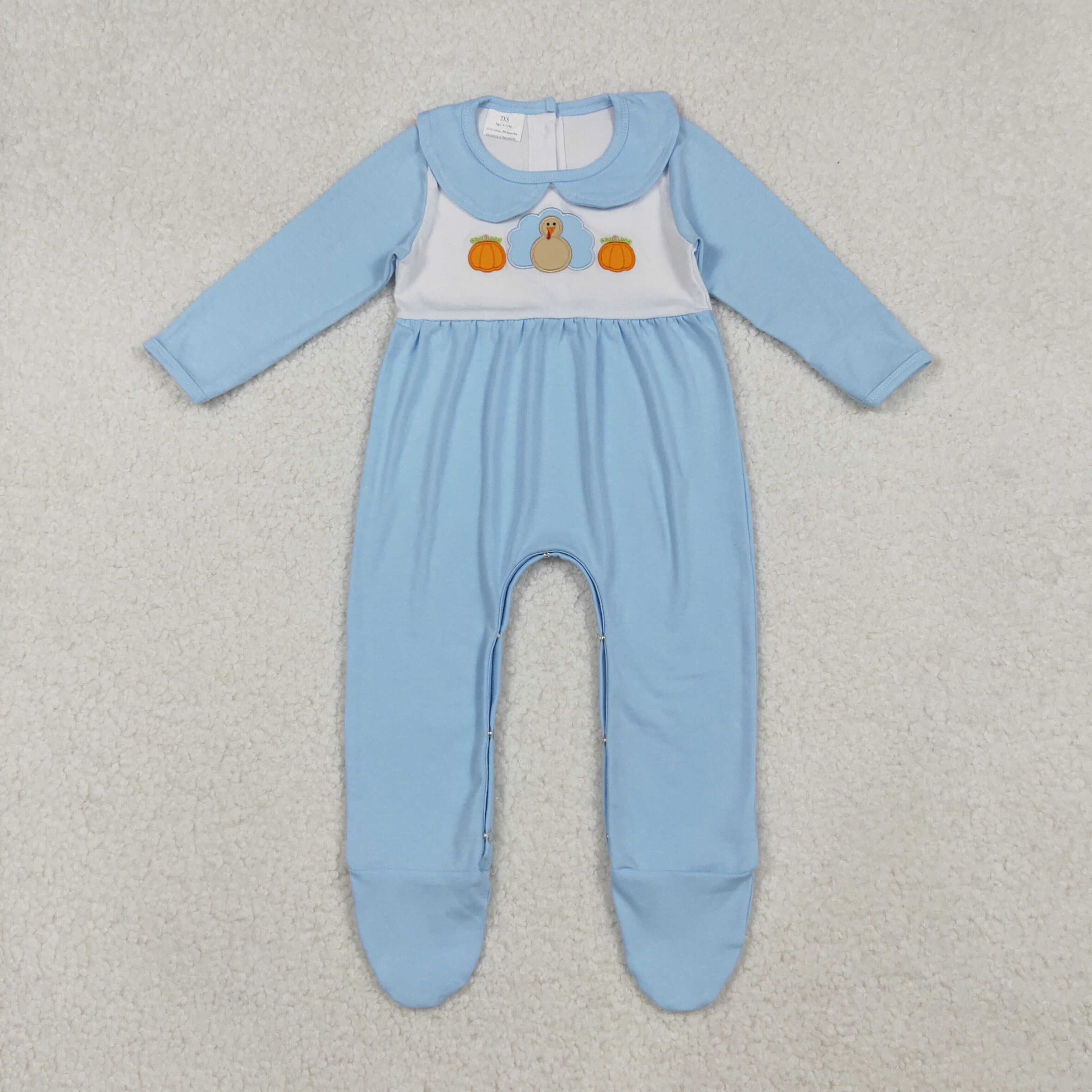 LR2562 10.7y  Embroidered Pumpkin Turkey Blue Long Sleeve romper