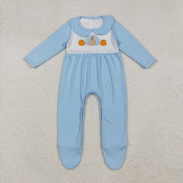 LR2562 10.7y  Embroidered Pumpkin Turkey Blue Long Sleeve romper