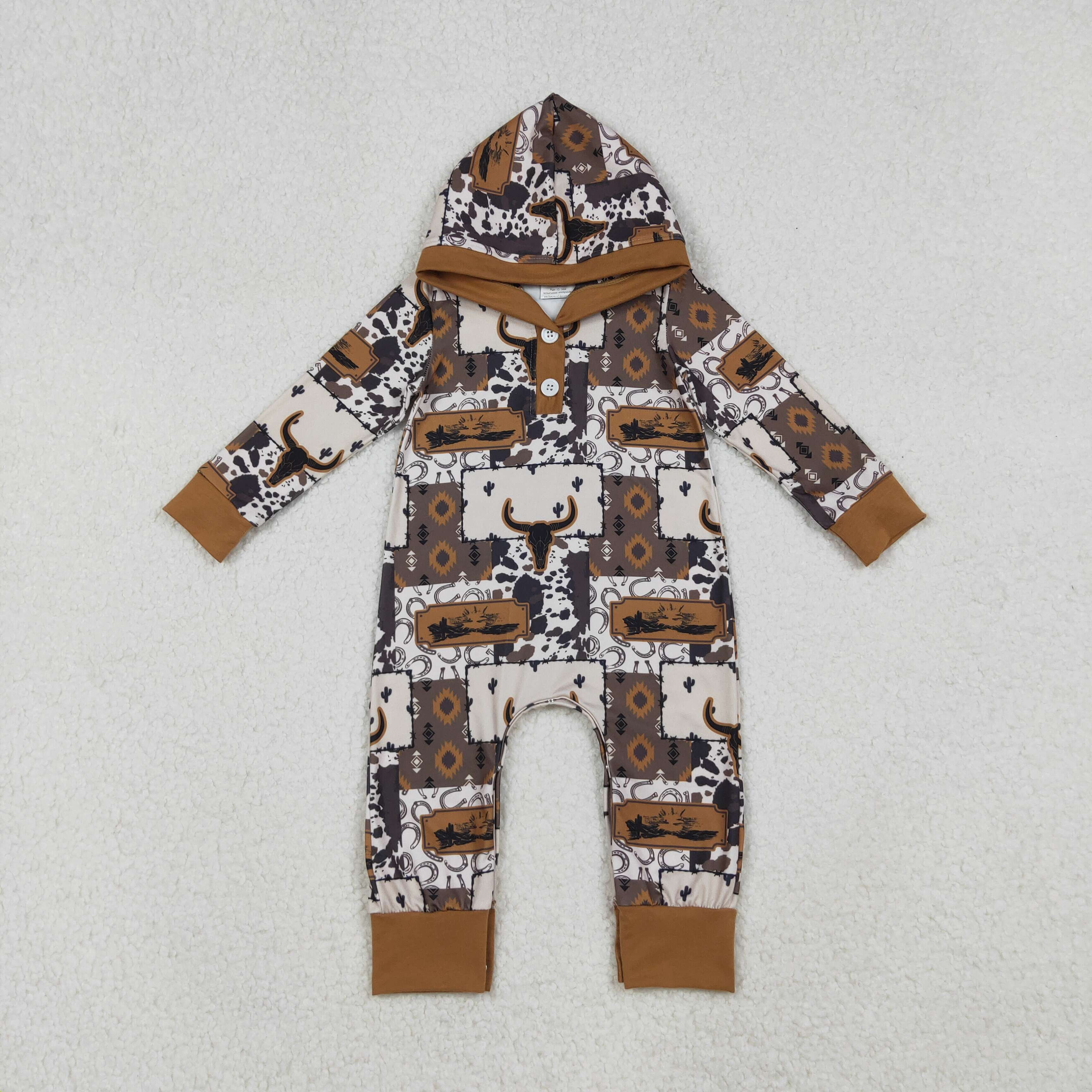 LR2592  10.7y  Alpine Bull Head Geometric Button Hooded Long-Sleeved romper