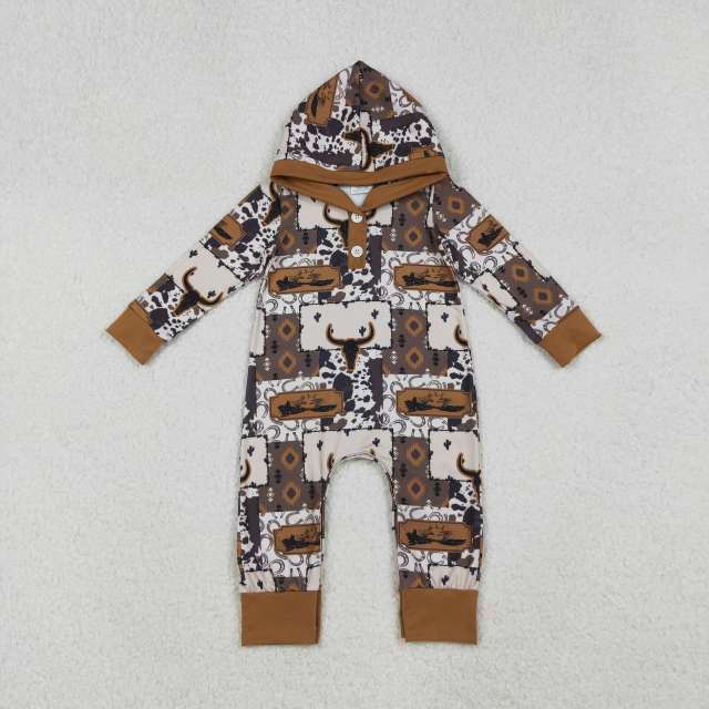 LR2592  10.7y  Alpine Bull Head Geometric Button Hooded Long-Sleeved romper
