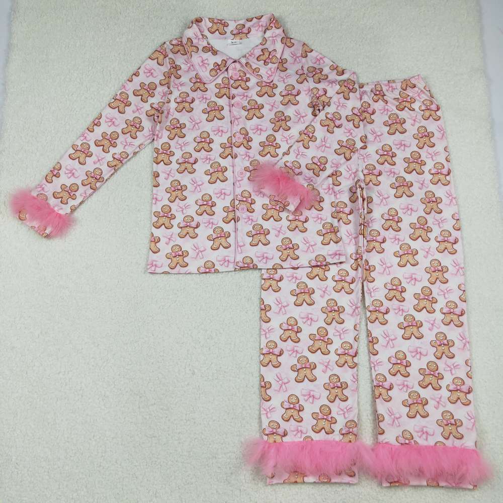 GLP2716 10.7y Adult Women's Gingerbread Man Pink Bow Pattern Plush Trim Long Sleeve Pants Pajama Set