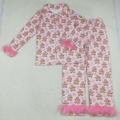 GLP2716 10.7y Adult Women's Gingerbread Man Pink Bow Pattern Plush Trim Long Sleeve Pants Pajama Set
