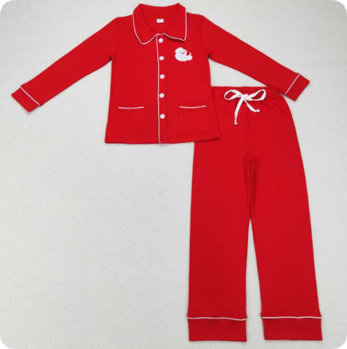 GLP0700  10.7y Adult women's red long-sleeved trouser suit with embroidered Santa Claus pocket collar