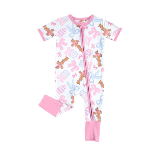 10.8y (moq 8)Baby Girls Pink Bows Eggs Crosses Easter Zipper Footie Rompers