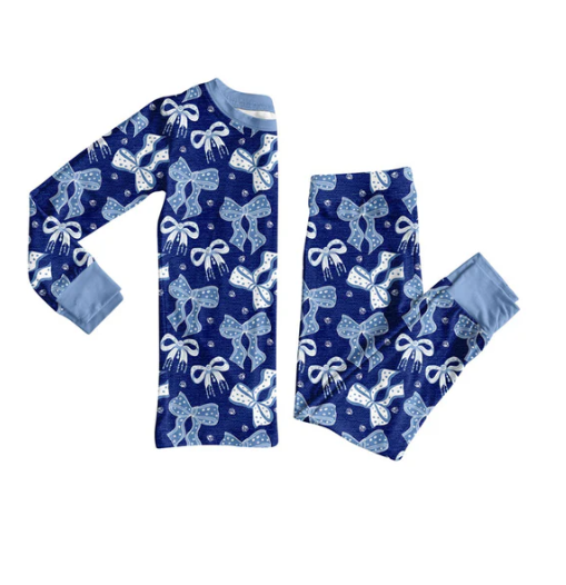 10.8y (moq 8)Baby Girls Blue Polka Dots Bows Top Pants Pajamas Sets