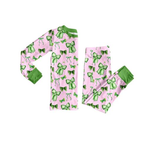 10.9y (moq 8)Baby Girls Green Bows Plaid Top Pants St Patrick Pajamas Sets