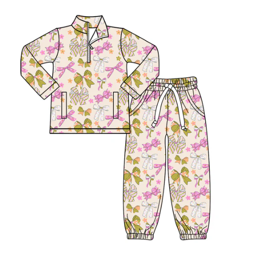 10.9y (moq 8)Baby Girls Bows Flowers Zipper Pockets Pullovers Jogger Pant Clothes Sets