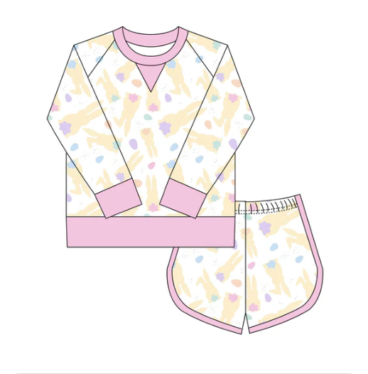 10.9y (moq 8)Baby Girls Colorful Rabbits Bows Checked Long Sleeve Top Shorts Easter Clothes Set